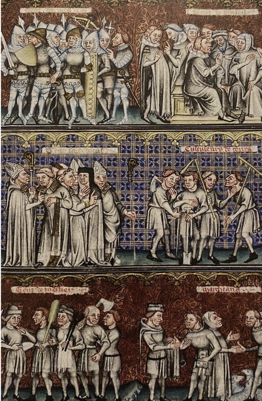 Representatie van de verschillende standen. Miniatuur uit: Aristoteles, Politiques/Economiques, in het  Frans vertaald door Nicolaas van Oresme, 1376.